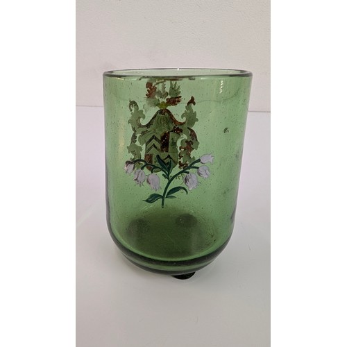 38 - Antique Bohemian Hand Blown Green Glass Three Legged Vase Dating Back to 1667 
