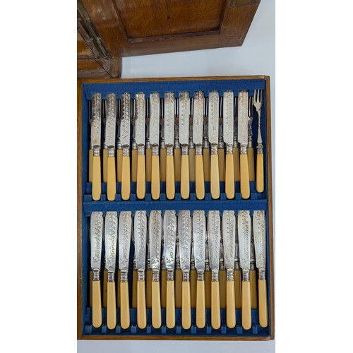 37 - An Oak and Brass Cased 4 Drawer Canteen of Cutlery 54 x 34 x 42cm