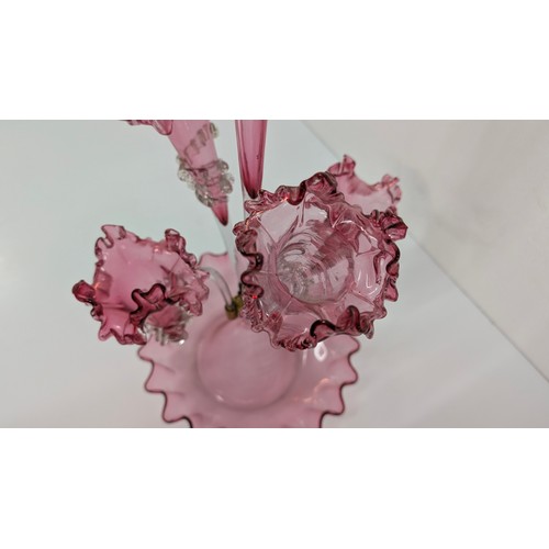 19 - An Antique Victorian Cranberry Glass Epergne Table Centrepiece with 5 Flutes - 56cm Tall