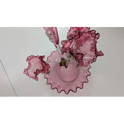 19 - An Antique Victorian Cranberry Glass Epergne Table Centrepiece with 5 Flutes - 56cm Tall