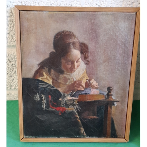 701 - An Oil On Canvas Copy Of Vermeer's 'The Lacemaker' - 28 x 24cm In Frame and An Oil On Canvas Copy Of... 