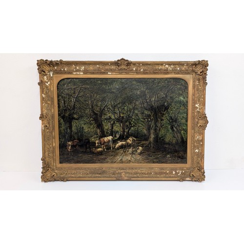 702 - An Antique Oil on Canvas of Cattle and Sheep in a Forest.  112cm x 84cm in Frame.  Unknown Artist
