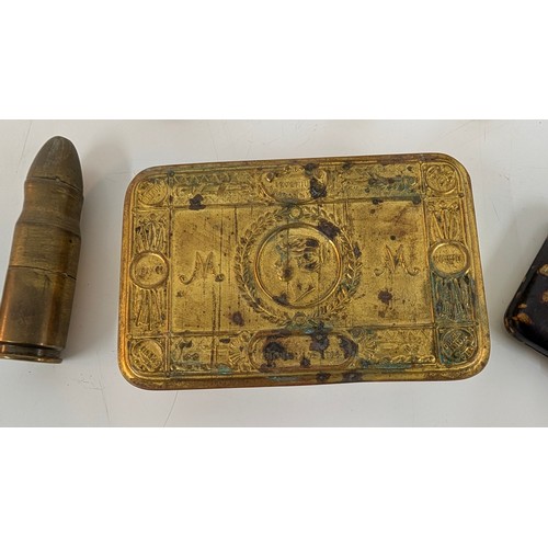 13 - A 1941 Inert 20mm Shell, Shell Cases, Princess Mary WWI Christmas Tin and Cigarette  Case
