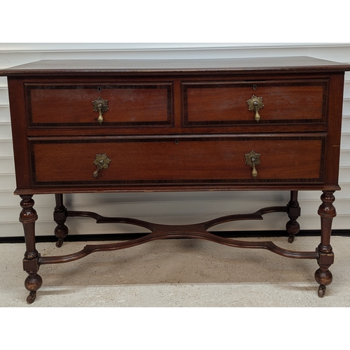 53 - William & Mary Chest Of 3 Drawers And Stand With Ornate Stretcher, Brass Drop handles And Inlaid Dra... 