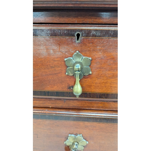 53 - William & Mary Chest Of 3 Drawers And Stand With Ornate Stretcher, Brass Drop handles And Inlaid Dra... 