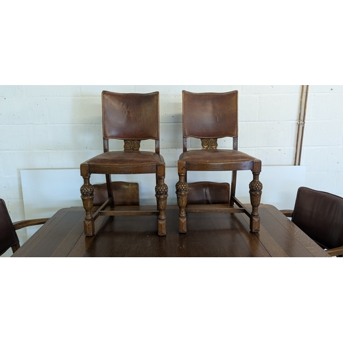 13 - Antique Carved Oak Extending Dining Table With 6 Matching Chairs (2 Carvers) With Leather Seats And ... 