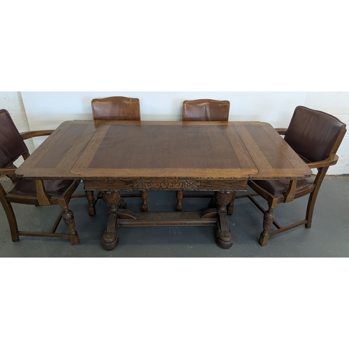 13 - Antique Carved Oak Extending Dining Table With 6 Matching Chairs (2 Carvers) With Leather Seats And ... 