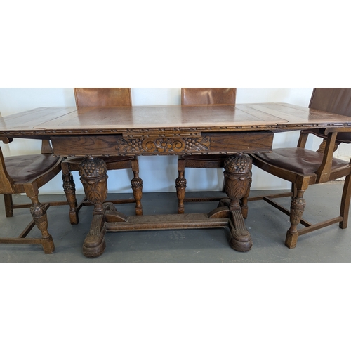 13 - Antique Carved Oak Extending Dining Table With 6 Matching Chairs (2 Carvers) With Leather Seats And ... 