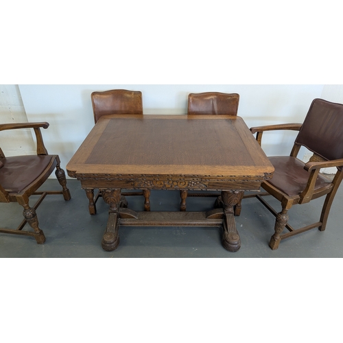 13 - Antique Carved Oak Extending Dining Table With 6 Matching Chairs (2 Carvers) With Leather Seats And ... 