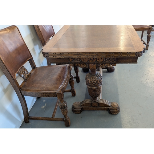 13 - Antique Carved Oak Extending Dining Table With 6 Matching Chairs (2 Carvers) With Leather Seats And ... 