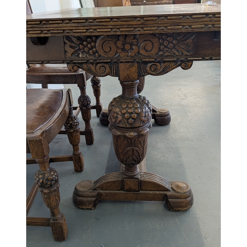 13 - Antique Carved Oak Extending Dining Table With 6 Matching Chairs (2 Carvers) With Leather Seats And ... 