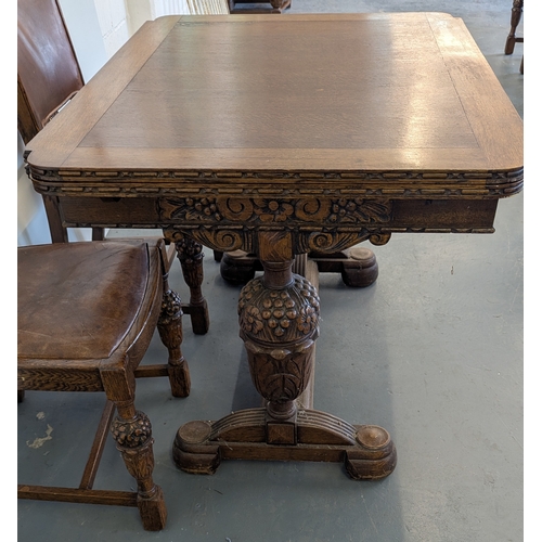 13 - Antique Carved Oak Extending Dining Table With 6 Matching Chairs (2 Carvers) With Leather Seats And ... 