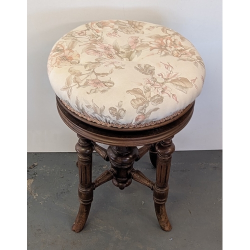 29 - Victorian Walnut Piano Stool With Adjustable Height With Floral Top