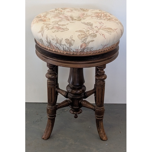 29 - Victorian Walnut Piano Stool With Adjustable Height With Floral Top