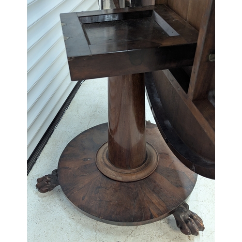 37 - Antique Tilt Top Table On Tapered Centre Column, Claw Feet And Brass Castors - 74 x 121 x 121cm