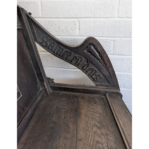 38 - Antique Dark Oak Church Clergy Glastonbury Chair With Ornate Carving - 86 x 74 x 60cm