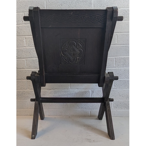 38 - Antique Dark Oak Church Clergy Glastonbury Chair With Ornate Carving - 86 x 74 x 60cm