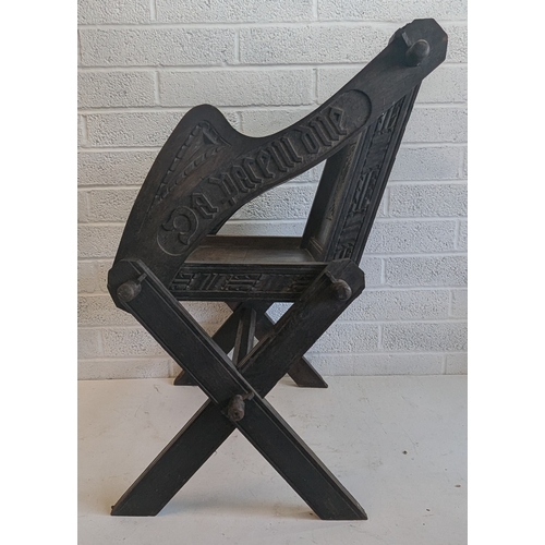 38 - Antique Dark Oak Church Clergy Glastonbury Chair With Ornate Carving - 86 x 74 x 60cm