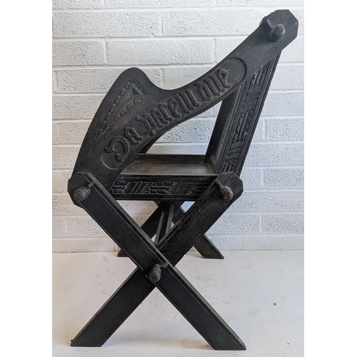 38 - Antique Dark Oak Church Clergy Glastonbury Chair With Ornate Carving - 86 x 74 x 60cm