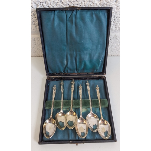 55 - A Set Of 6 Art Deco EPNS Navy Blue Bakerlite Coffee Bean Spoons (In Case) And A Set Of 6 Apostle EPN... 