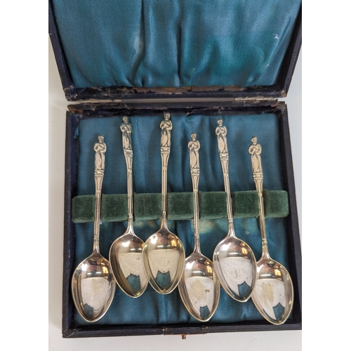 55 - A Set Of 6 Art Deco EPNS Navy Blue Bakerlite Coffee Bean Spoons (In Case) And A Set Of 6 Apostle EPN... 