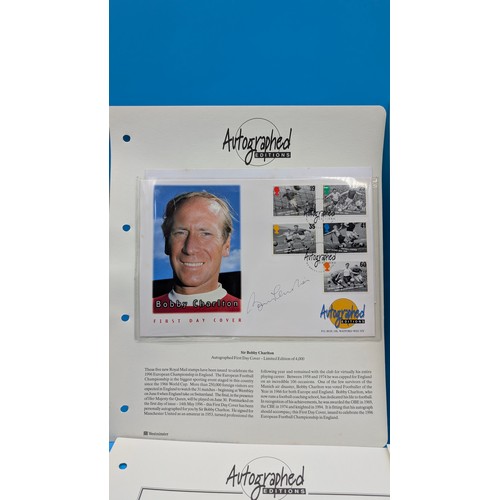 180 - 5 x Personally Autographed First Day Covers: Sir Bobby Charlton, Geoff Hurst, Stirling Moss, Daley T... 
