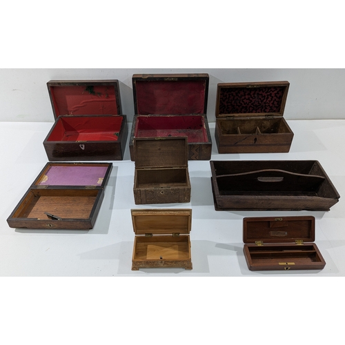 150 - Assorted antique wooden boxes, varying in size and design, including plain and carved examples. Some... 