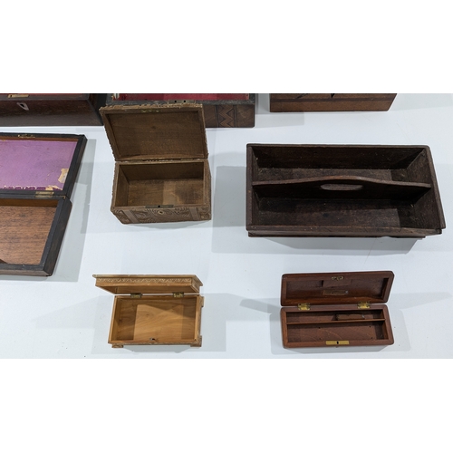 150 - Assorted antique wooden boxes, varying in size and design, including plain and carved examples. Some... 