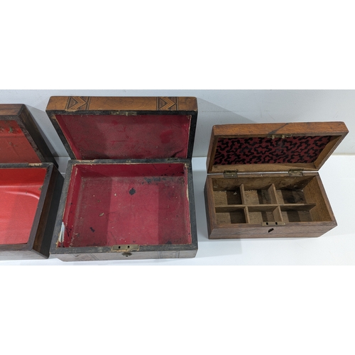 150 - Assorted antique wooden boxes, varying in size and design, including plain and carved examples. Some... 