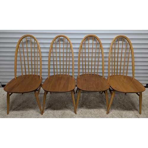 A Set of Four Ercol Elm Dining Chairs

A set of four mid-century Ercol dining chairs in elm and beech, each with a traditional hoop back and spindle supports above shaped elm seats, raised on tapering legs with crinoline stretchers.

Ercol maker&rsquo;s label present, inscribed &ldquo;Made in High Wycombe, Buckinghamshire, England.&rdquo;

Condition: Good overall condition with light surface wear and minor marks consistent with age and use. Structurally sound.
