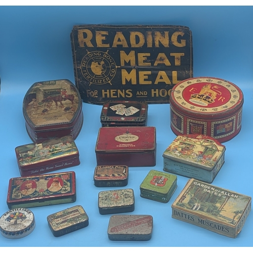 COLLECTION OF VINTAGE ADVERTISING AND CONFECTIONERY TINS AND BOX

A mixed group of early&ndash;mid 20th century lithographed advertising tins, including examples for Craven A Virginia Cigarettes, Blue Bird Toffees, Bishop&rsquo;s Move Tobacco, Garden of Allah Dates, Pastilles, and other confectionery and household products, together with commemorative and decorative tins including a coronation example with ER cipher. The lot also includes a Reading Bone Fertilizer Co. &ldquo;Reading Meat Meal for Hens and Hogs&rdquo; advertising tin sign.