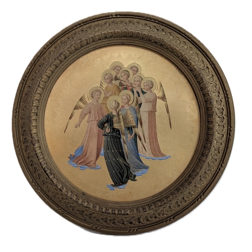ITALIAN RENAISSANCE REVIVAL GOLD-GROUND TONDO OF A CELESTIAL CHOIR OF ANGELS
Late 19th century, in the manner of Fra Angelico

A finely painted devotional panel depicting a celestial choir of nine angels gathered in adoration, several sounding long trumpets, their youthful faces delicately rendered and their robes in soft pastel tones of rose, blue and ochre. Each figure bears a burnished gilt halo and is set against a radiant gold ground engraved with emanating rays symbolising divine light.

The composition consciously recalls the mystical angelic choirs of the early Italian Renaissance, particularly the works of Fra Angelico, whose heavenly musicians were celebrated for their serene beauty and spiritual grace. One angel is shown from the rear, drawing the viewer into the sacred space of the celestial choir.

Executed in tempera on panel with a gilded ground, the painting reflects the revival of interest in early Italian devotional art during the later 19th century. Presented in a carved and gilded circular frame, the tondo format itself echoing Renaissance domestic devotional panels.

Diameter approx. 30 cm.