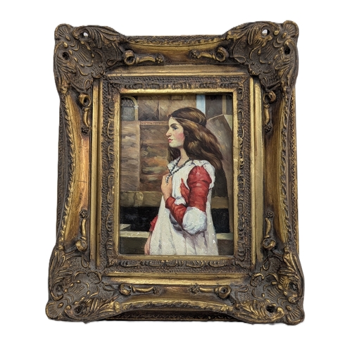 PORTRAIT OF A YOUNG GIRL
Oil on panel, depicting a young girl in profile wearing a white dress with red sleeves and a beaded necklace, standing before an architectural interior. In an ornate gilt frame with foliate and scroll ornament.

Dimensions:
30cm x 24cm (overall, including frame)

Condition:
The painting appears in generally good condition with some light surface marks and minor paint flecks. Frame with age-related wear, rubbing to the gilding and small losses. Backboard worn and split with associated age-related marks.