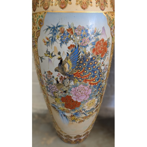 22 - Pair of Vintage Large Satsuma-Style Peacock & Floral Floor Vases Dimensions: Approx. 108cm high × 33... 