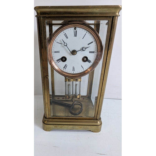 27 - Antique French Four-Glass Brass Striking Mantel Clock with Mercury Compensating Pendulum, Circa 1890... 