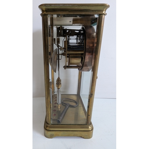 27 - Antique French Four-Glass Brass Striking Mantel Clock with Mercury Compensating Pendulum, Circa 1890... 