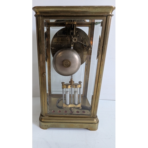 27 - Antique French Four-Glass Brass Striking Mantel Clock with Mercury Compensating Pendulum, Circa 1890... 