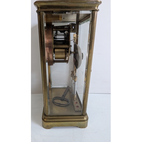 27 - Antique French Four-Glass Brass Striking Mantel Clock with Mercury Compensating Pendulum, Circa 1890... 