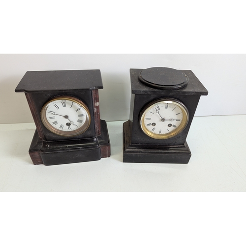 39 - Two Antique Black Slate Mantel Clocks, One by Chas. Frodsham

One clock with red marble inset pilast... 