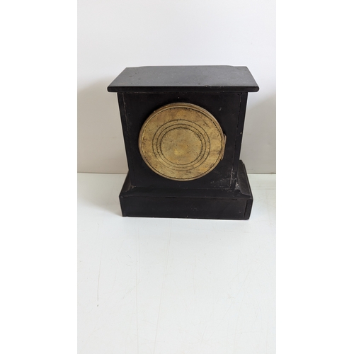 39 - Two Antique Black Slate Mantel Clocks, One by Chas. Frodsham

One clock with red marble inset pilast... 