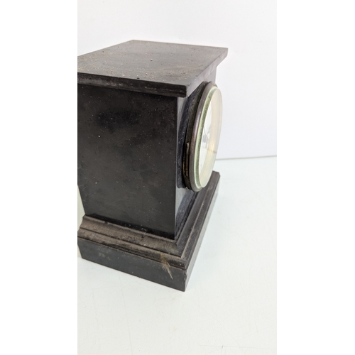 39 - Two Antique Black Slate Mantel Clocks, One by Chas. Frodsham

One clock with red marble inset pilast... 