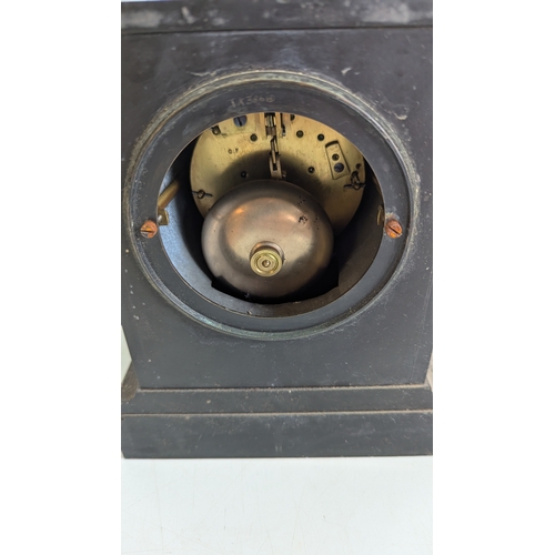 39 - Two Antique Black Slate Mantel Clocks, One by Chas. Frodsham

One clock with red marble inset pilast... 