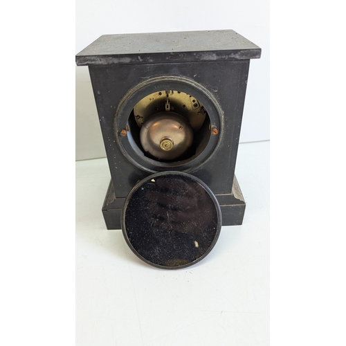 39 - Two Antique Black Slate Mantel Clocks, One by Chas. Frodsham

One clock with red marble inset pilast... 
