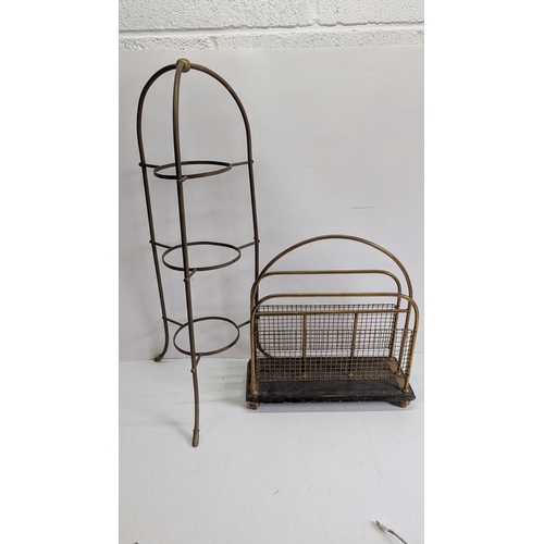 53 - Vintage Brass Magazine Rack & Three-Tier Plant Stand

The magazine rack of arched tubular brass cons... 