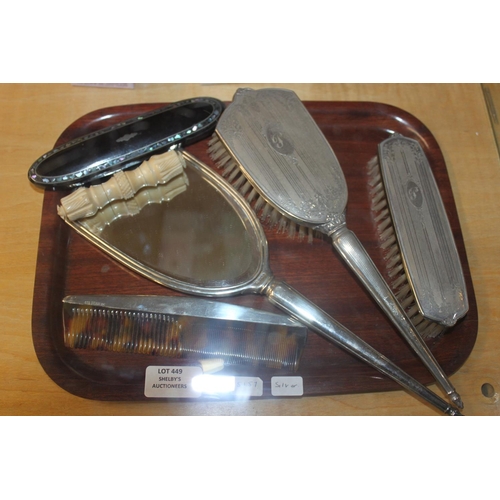 449 - 1 x silver handled ladies brush and mirror set with inlaid box 1x and needle holder