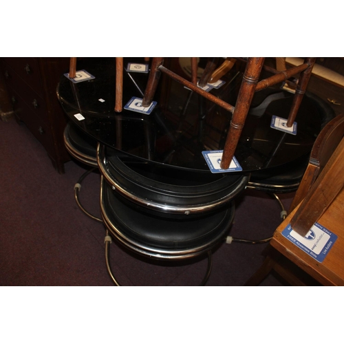 100 - 1 x black glass topped dining table with chrome and leatherette chairs