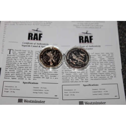 17 - 2 x history of the raf silver proof coins Lancaster,sopwith camel and spitfire with coa