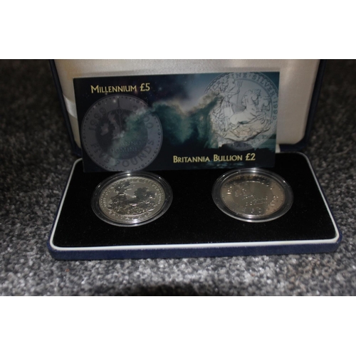 3 - 1 x 1999 & 2000 UK Britannia Bullion £2 Silver Coin & Millennium £5 Crown Set with certificate and b... 