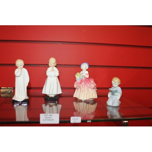 147 - 3x royal doulton figures darling,bedtime and cissie with German child and book figure