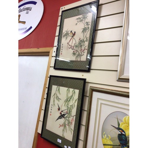 48 - 2 x framed oriental hand painted bird scenes mounted on silk